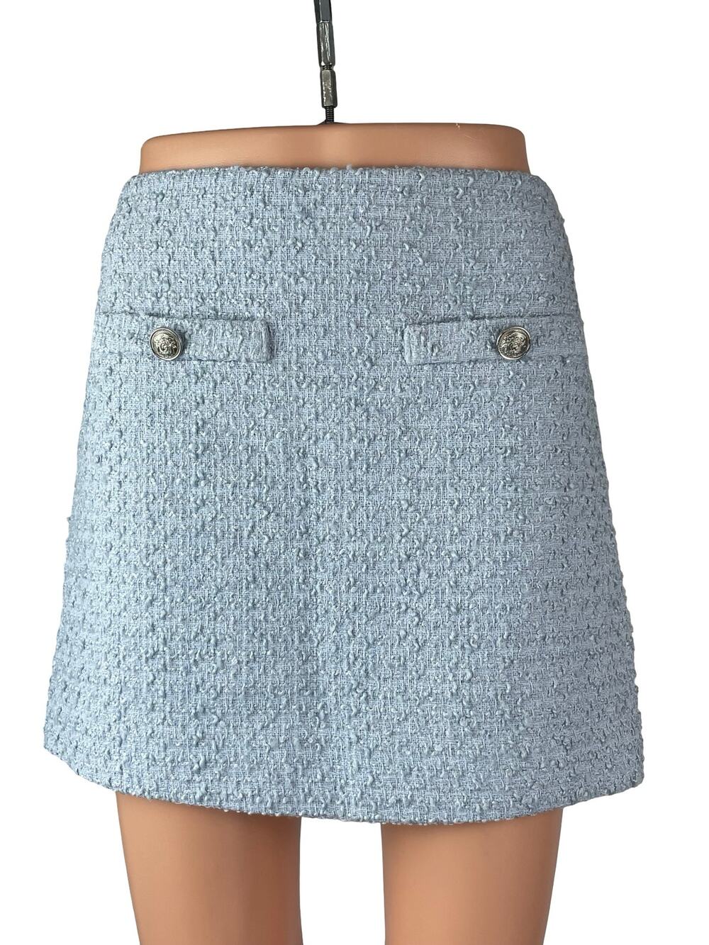 H&M Women Blue Tweed Textured Faux Pocket High Waist A Line Mini Skirt Size 4